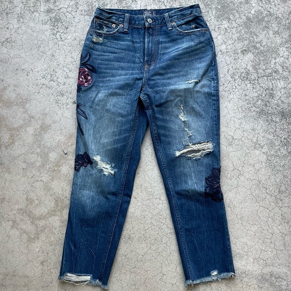 Abercrombie Floral Annie Girlfriend Jeans Embroidered Sz 27/4 short raw hem new - Picture 7 of 8